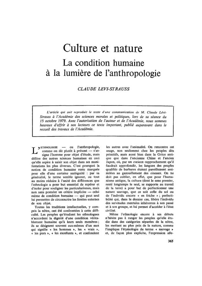 Culture et nature. La condition humaine à la lumière de l’anthropologie
 – page 1