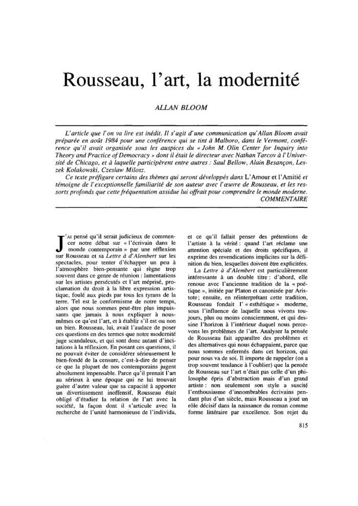 Rousseau, l’art, la modernité
 – page 1