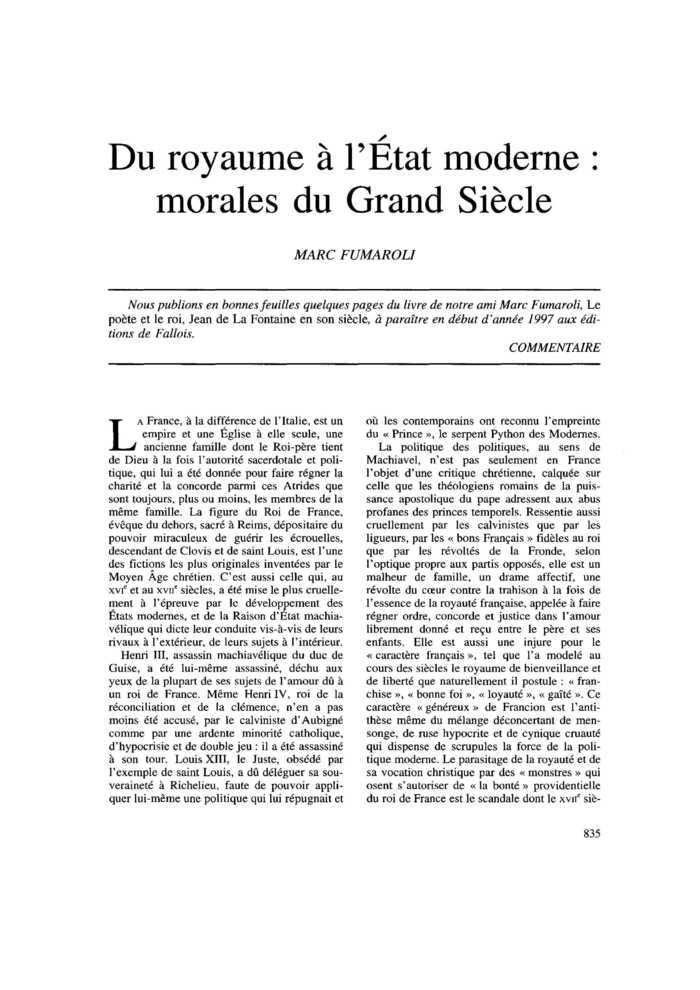 Du royaume à l’État moderne : morales du Grand Siècle
 – page 1