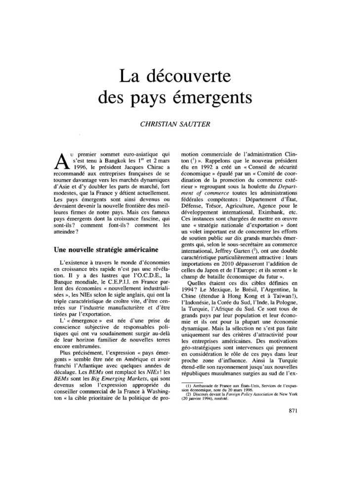 La découverte des pays émergents
 – page 1