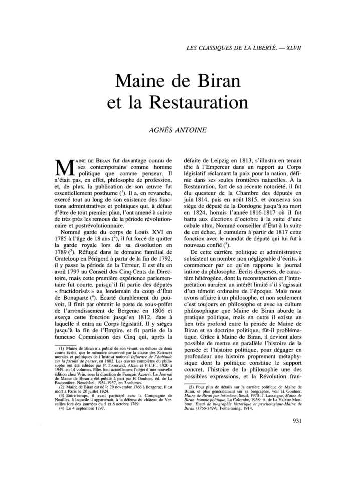 Maine de Biran et la Restauration
 – page 1