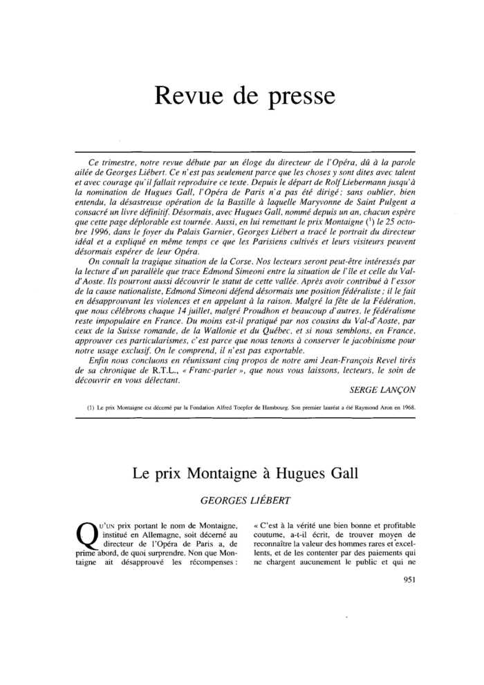 Le prix Montaigne à Hugues Gall
 – page 1