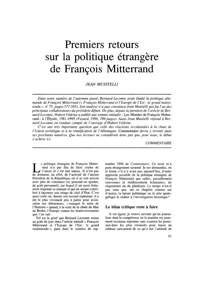 Premiers retours sur la politique étrangère de François Mitterrand
 – page 1