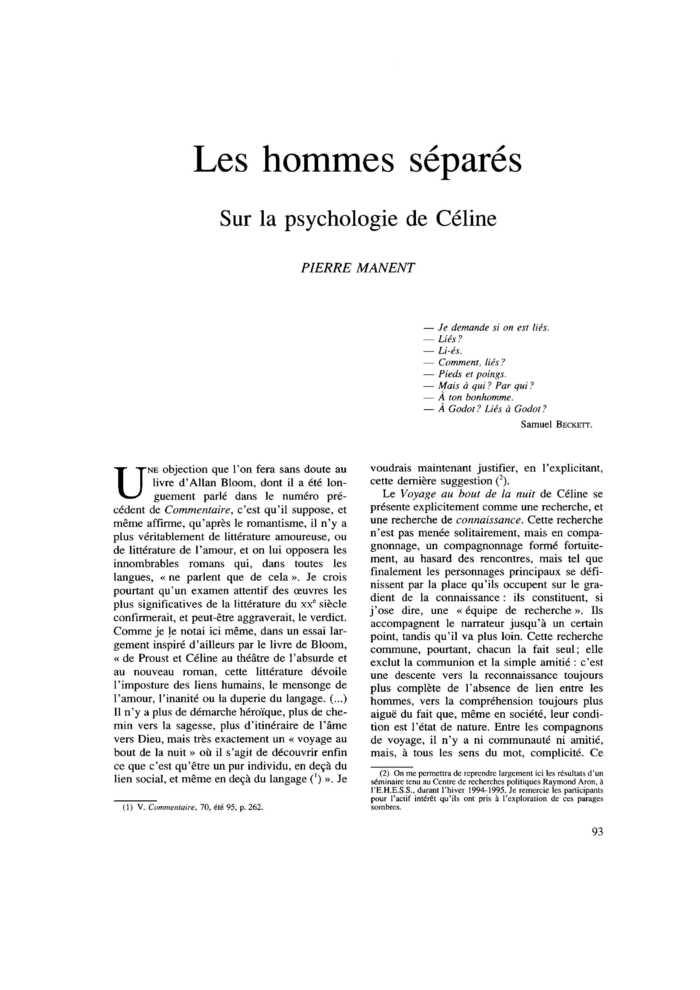 Les hommes séparés. Sur la psychologie de Céline
 – page 1