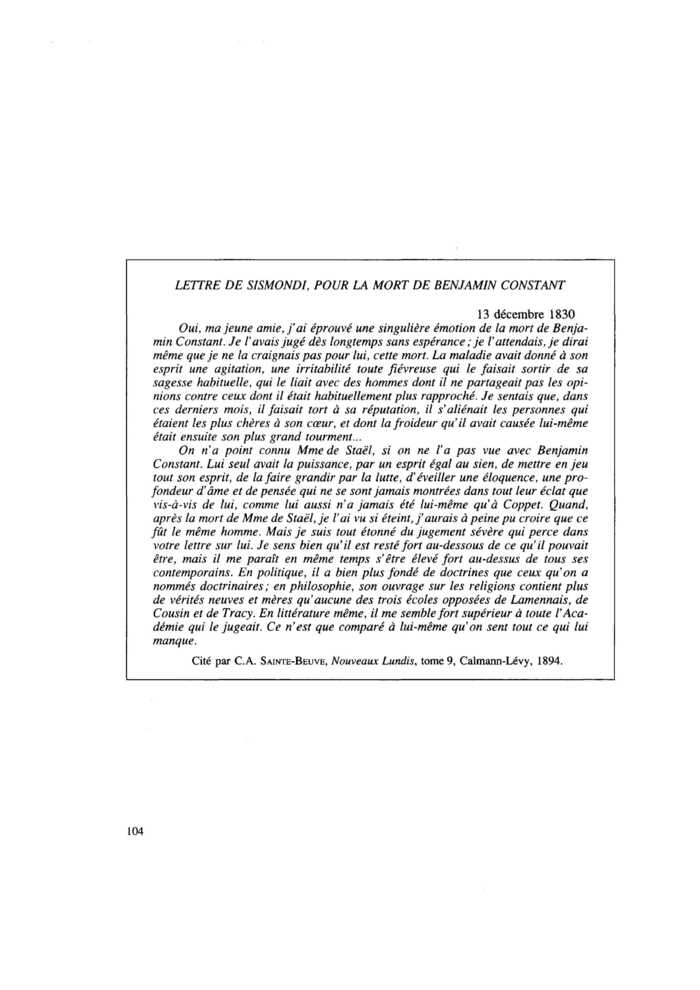 LETTRE DE SISMONDI, POUR LA MORT DE BENJAMIN CONSTANT
 – page 1