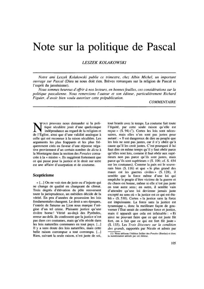 Note sur la politique de Pascal
 – page 1