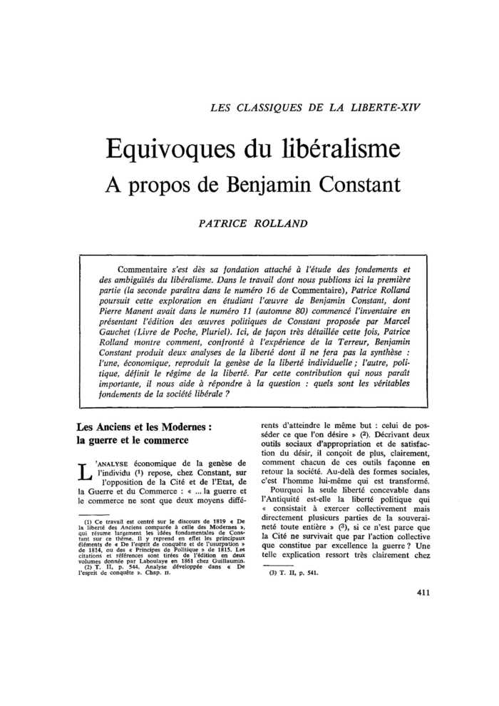 Équivoques du libéralisme. À propos de Benjamin Constant
 – page 1