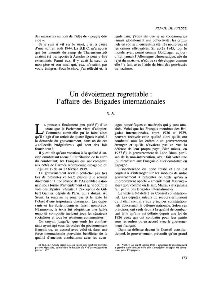 Un dévoiement regrettable : l’affaire des Brigades internationales
 – page 1