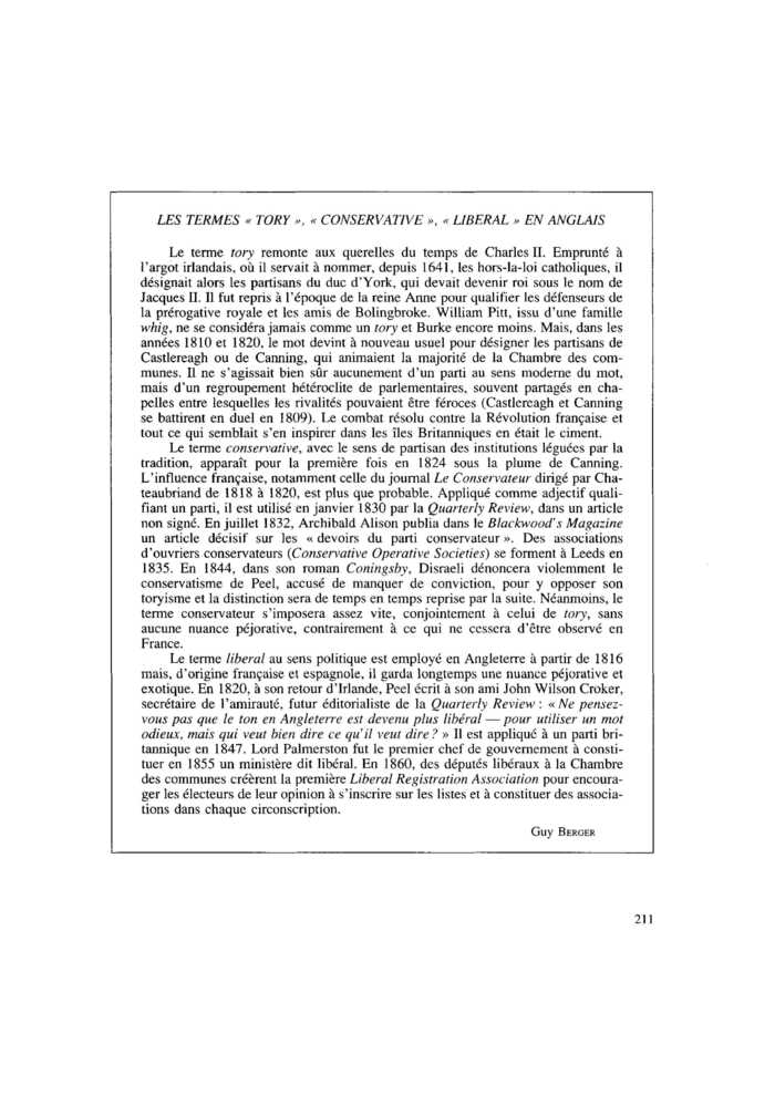 LES TERMES « TORY », « CONSERVATIVE », « LIBERAL » EN ANGLAIS
 – page 1