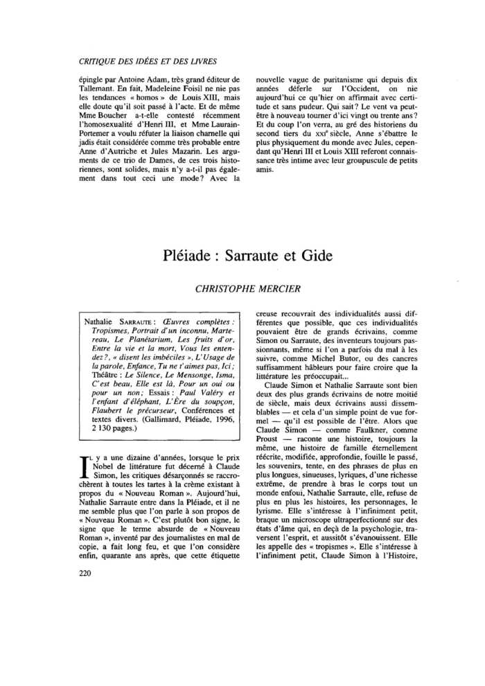 Pléiade : Sarraute et Gide
 – page 1