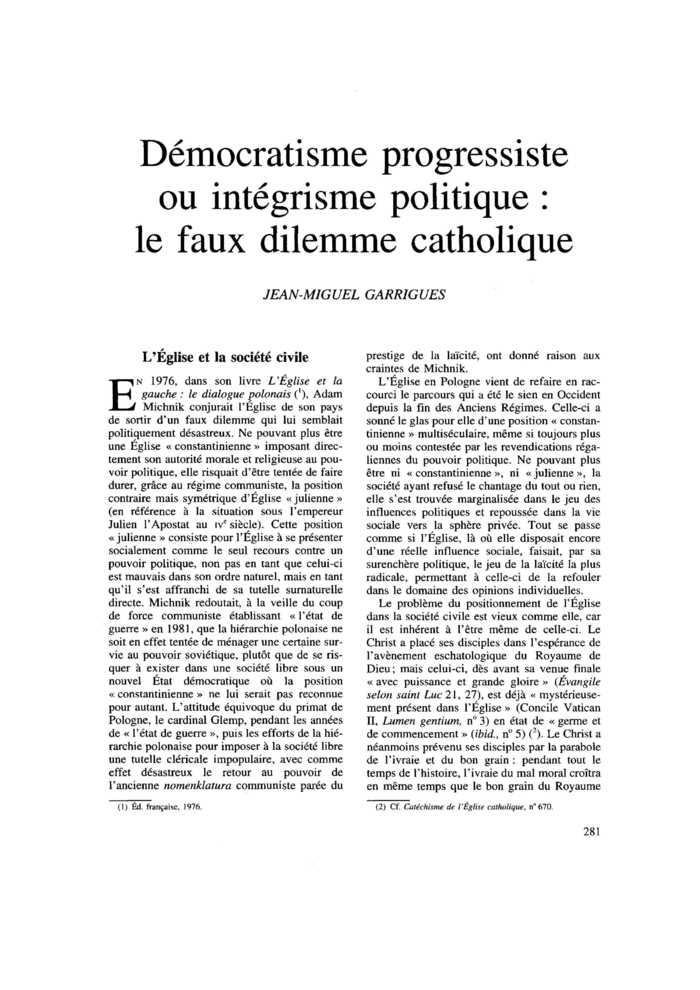 Démocratisme progressiste ou intégrisme politique : le faux dilemme catholique
 – page 1