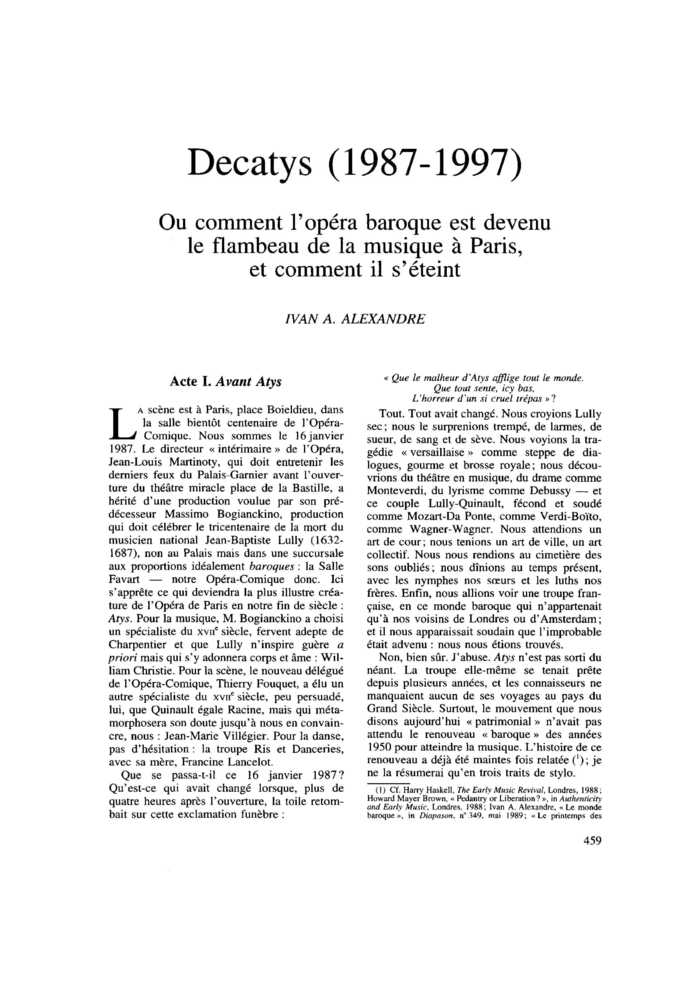 Decatys (1987-1997). Ou comment l’opéra baroque est devenu le flambeau de la musique à Paris, et comment il s’éteint
 – page 1