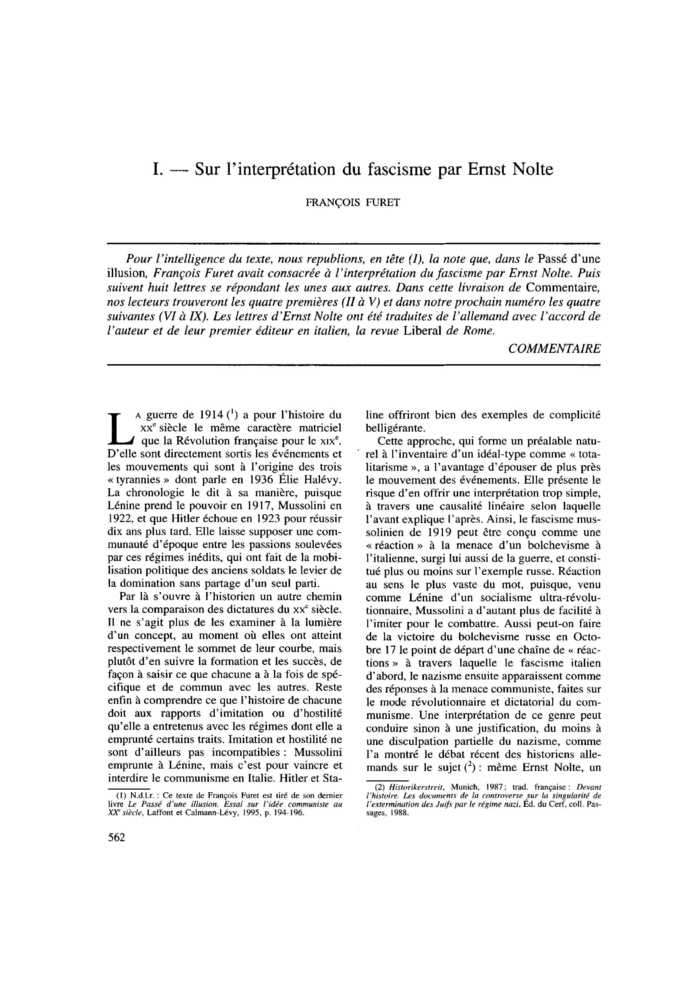 I. Sur l’interprétation du fascisme par Ernst Nolte
 – page 1