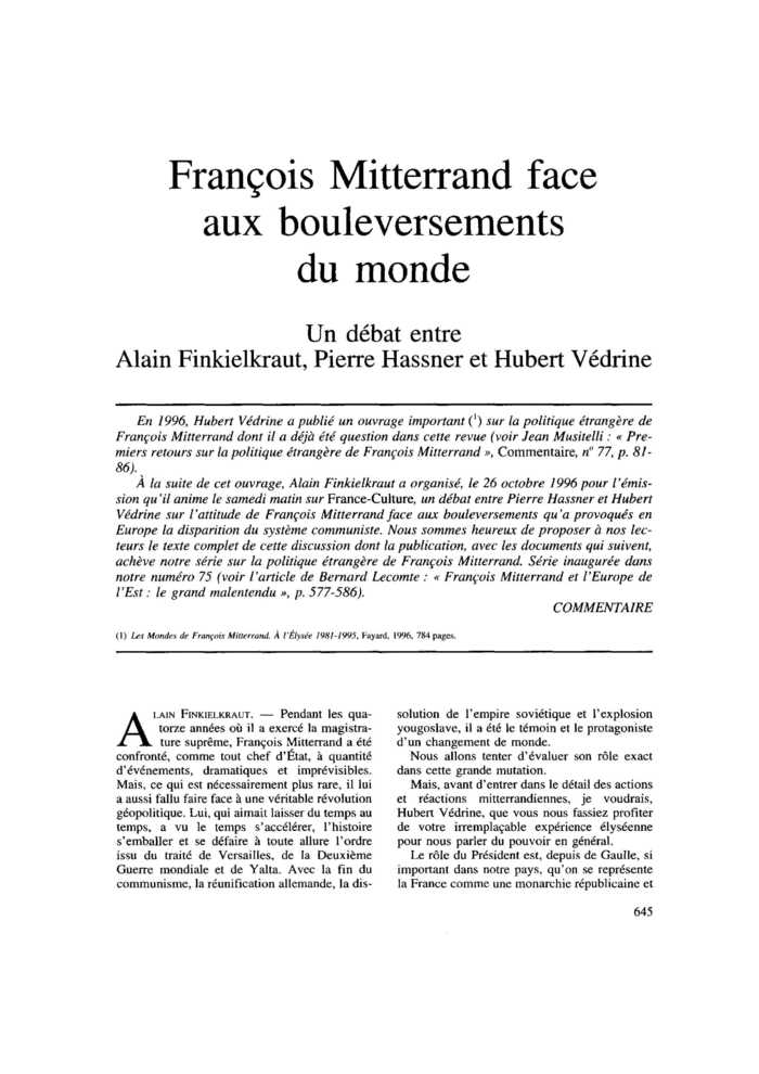 François Mitterrand face aux bouleversements du monde
 – page 1