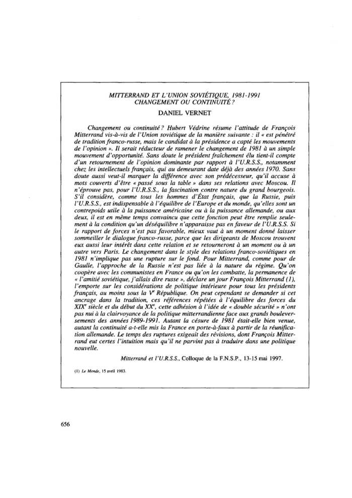 MITTERRAND ET L’UNION SOVIETIQUE, 1981-1991. CHANGEMENT OU CONTINUITÉ ?
 – page 1