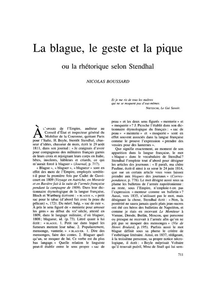 La blague, le geste et la pique ou la rhétorique selon Stendhal
 – page 1