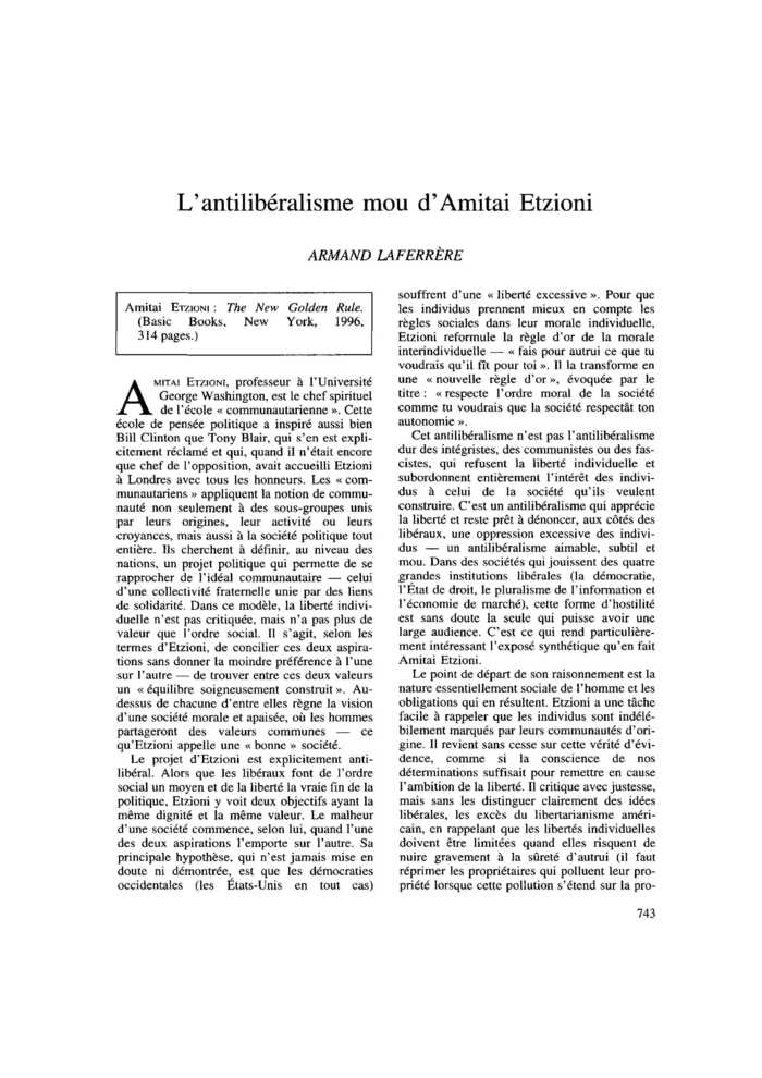L’antilibéralisme mou d’Amitai Etzioni
 – page 1