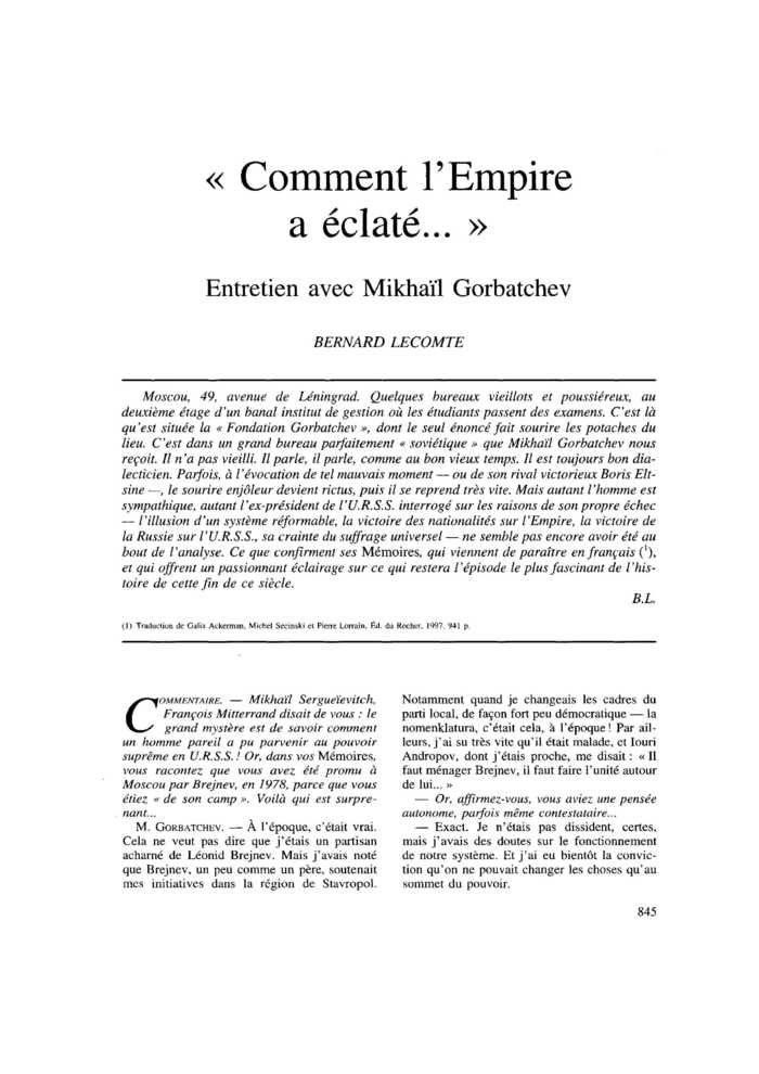 « Comment l’Empire a éclaté… ». Entretien avec Mikhaïl Gorbatchev
 – page 1