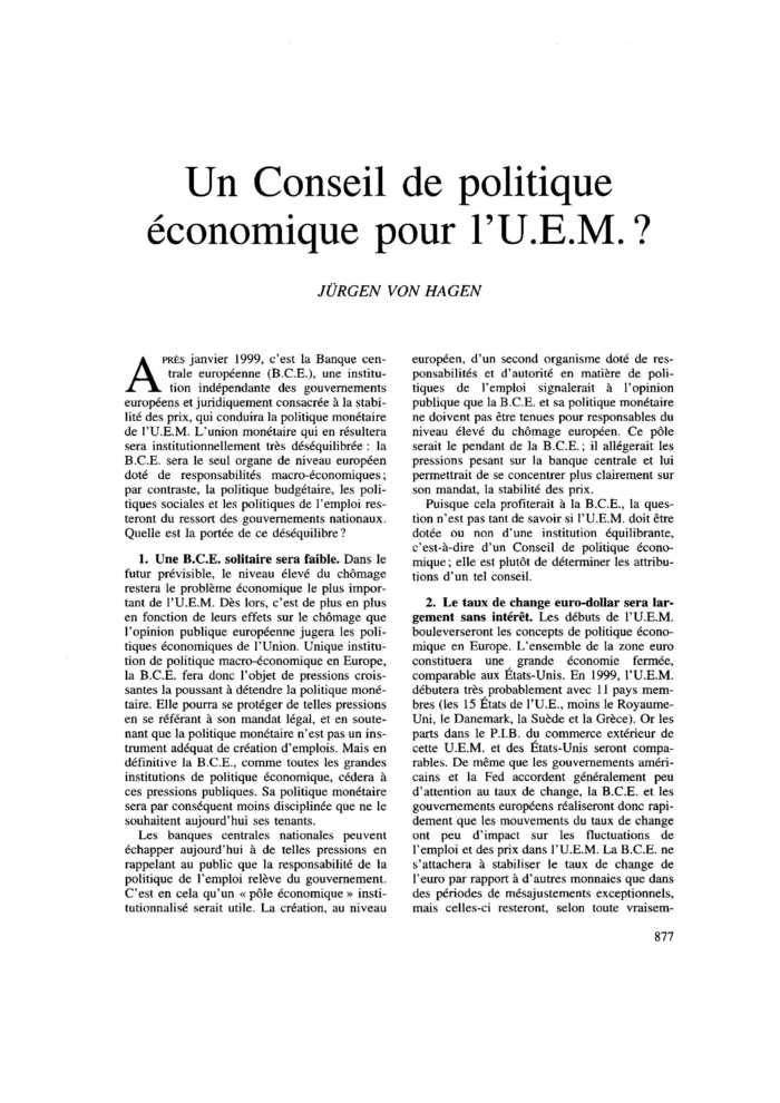 Un Conseil de politique économique pour l’U.E.M. ?
 – page 1