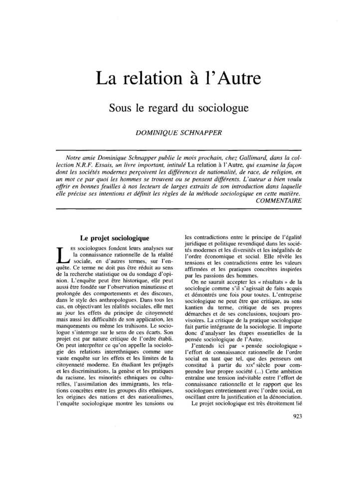 La relation à l’Autre. Sous le regard du sociologue
 – page 1