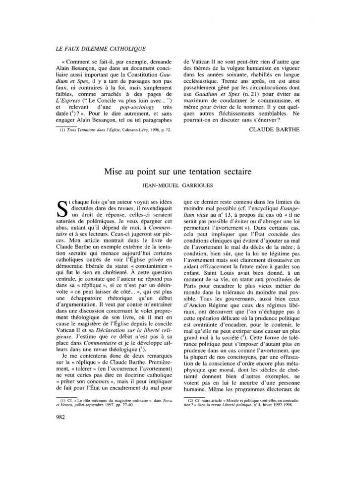 Mise au point sur une tentation sectaire
 – page 1