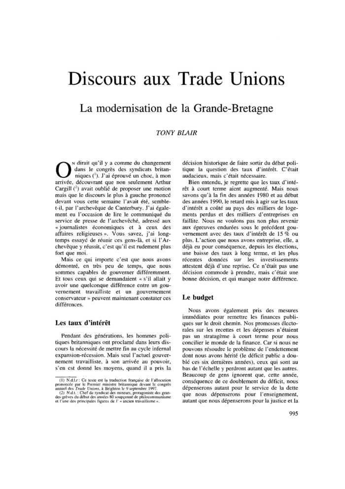 Discours aux Trade Unions. La modernisation de la Grande-Bretagne
 – page 1