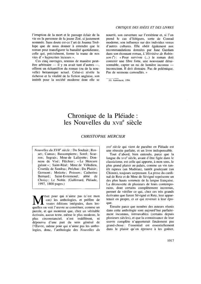 Chronique de la Pléiade : les Nouvelles du XVIIe siècle
 – page 1