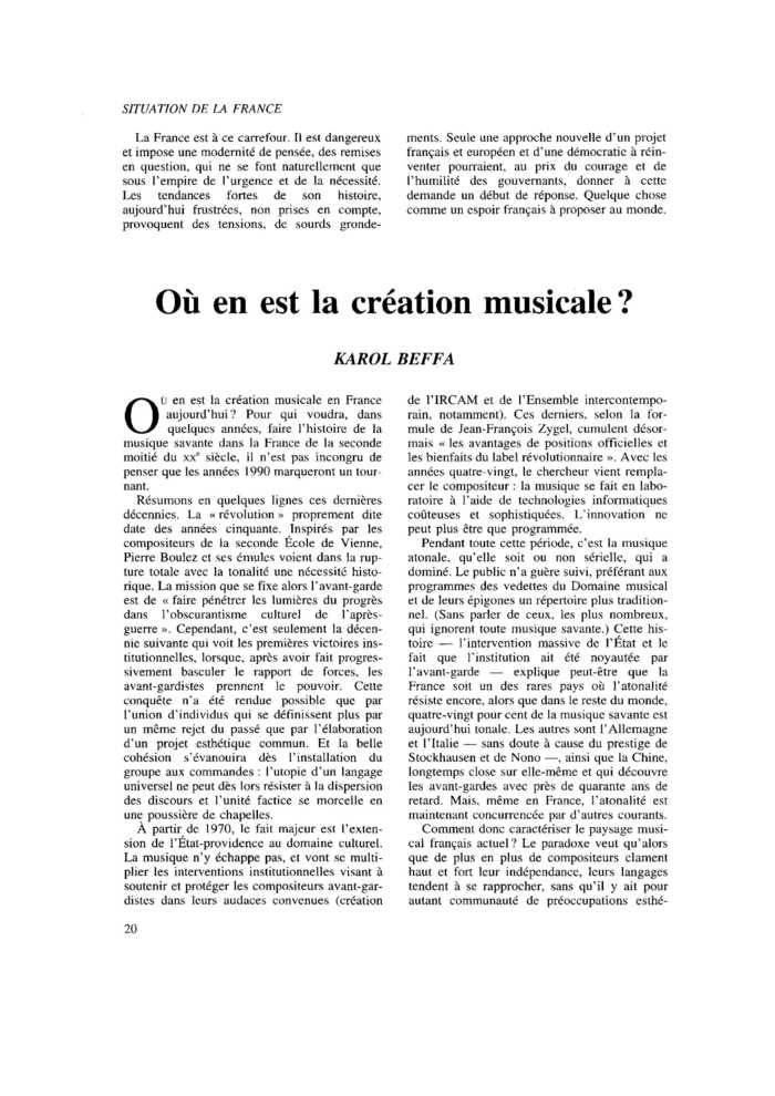 Où en est la création musicale ?
 – page 1