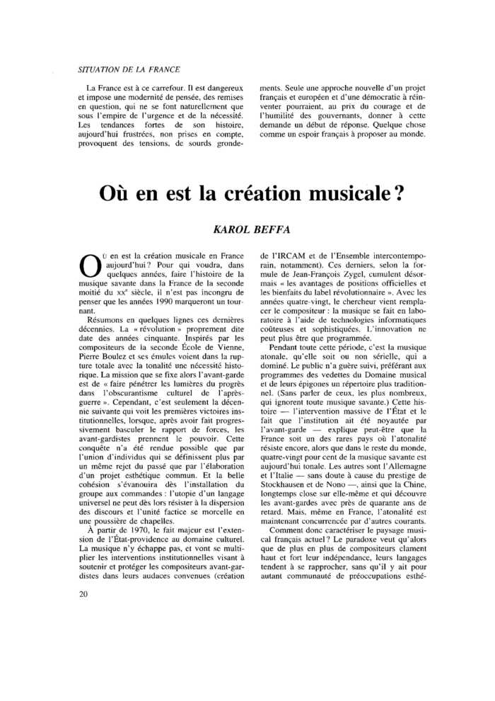 Où en est la création musicale ?
 – page 1