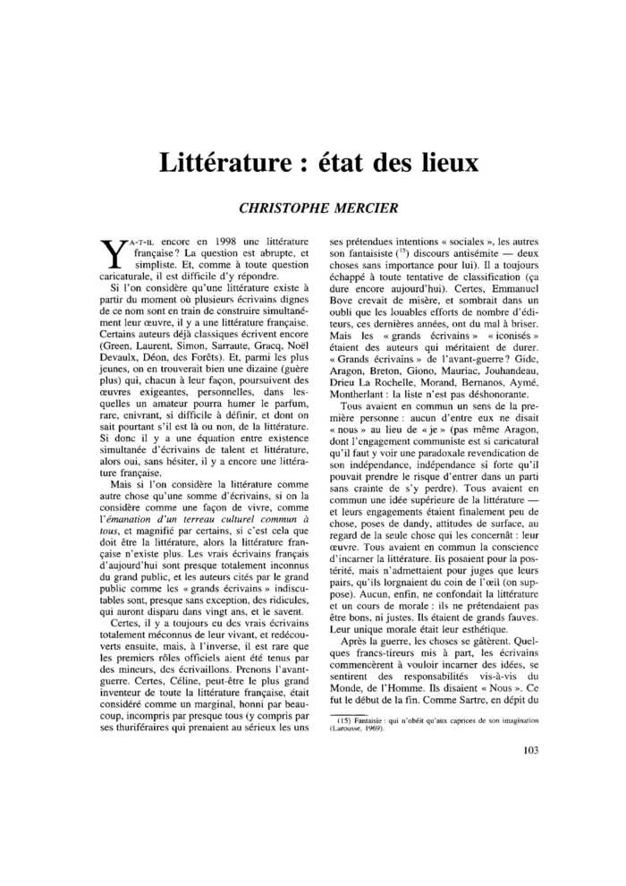 Littérature : état des lieux
 – page 1
