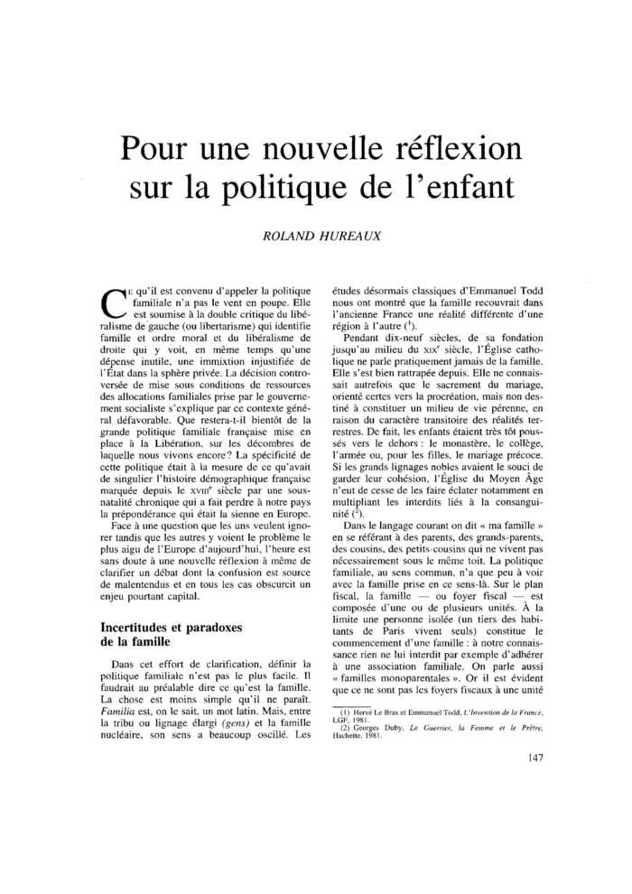 Pour une nouvelle réflexion sur la politique de l’enfant
 – page 1