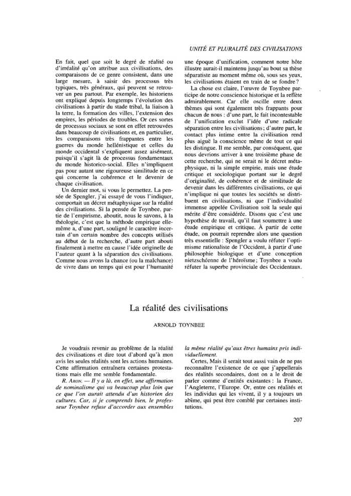 Unité et pluralité des civilisations : La réalité des civilisations
 – page 1