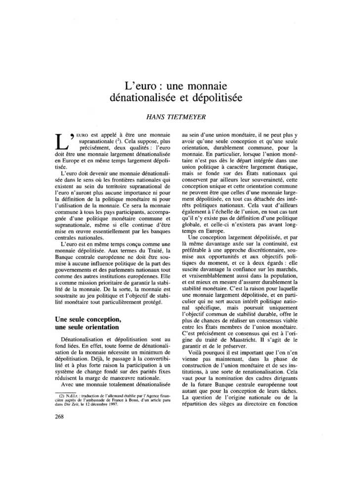 L’euro : une monnaie dénationalisée et dépolitisée
 – page 1