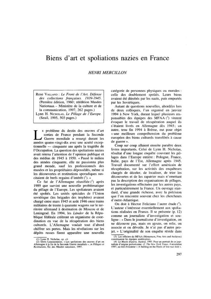 Biens d’art et spoliations nazies en France
 – page 1