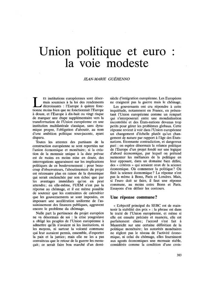 Union politique et euro : la voie modeste
 – page 1
