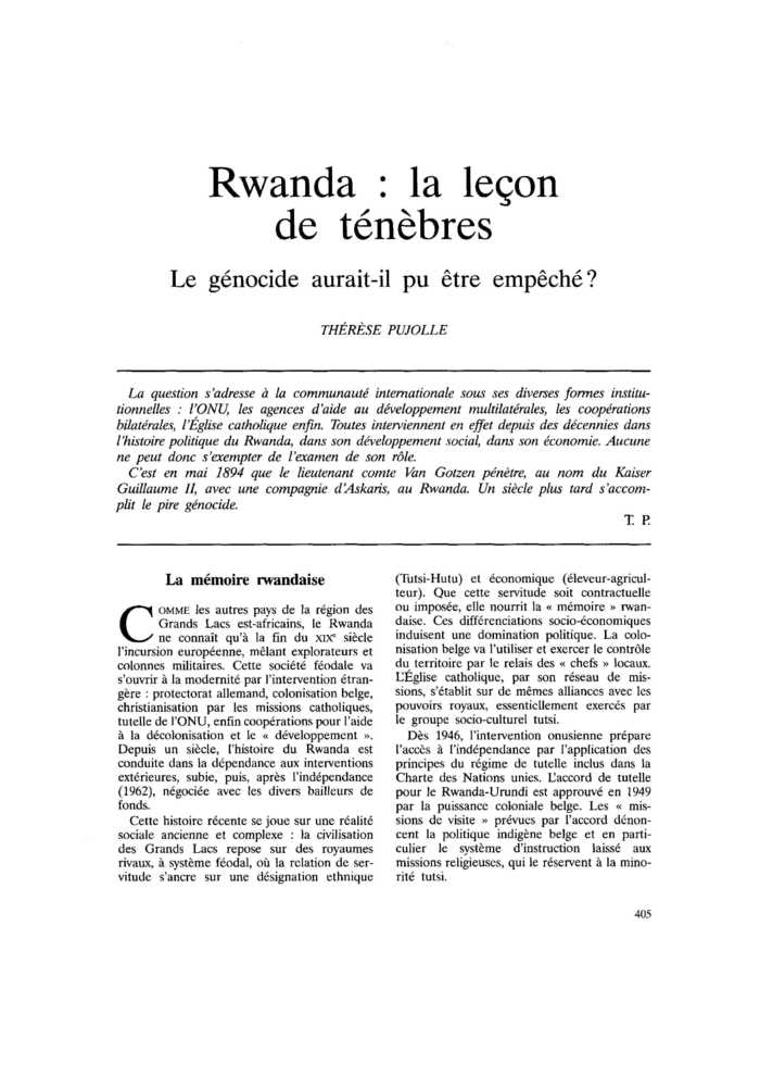 Rwanda : la leçon de ténèbres. Le génocide aurait-il pu être empêché ?
 – page 1