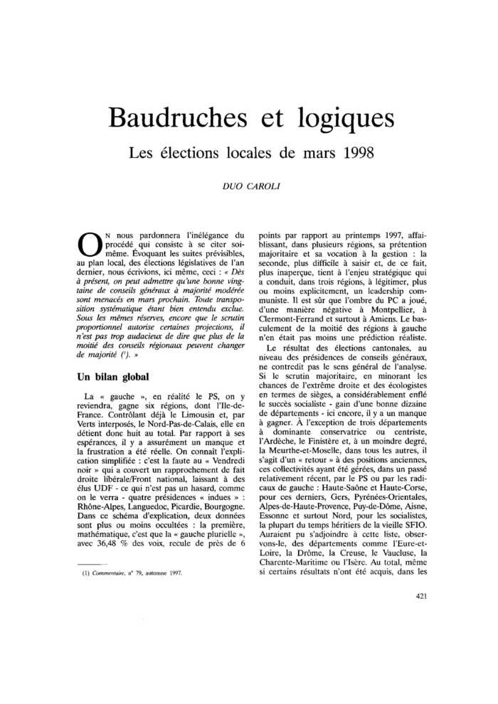 Baudruches et logiques. Les élections locales de mars 1998
 – page 1