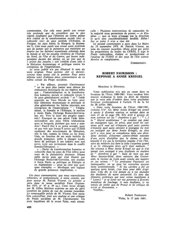 RÉPONSE À ANNIE KRIEGEL
 – page 1