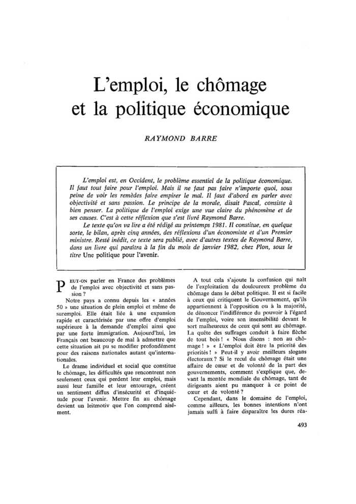 L’emploi, le chômage et la politique économique
 – page 1