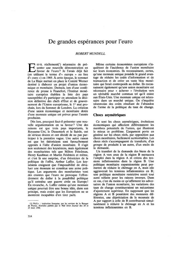 De grandes espérances pour l’euro
 – page 1