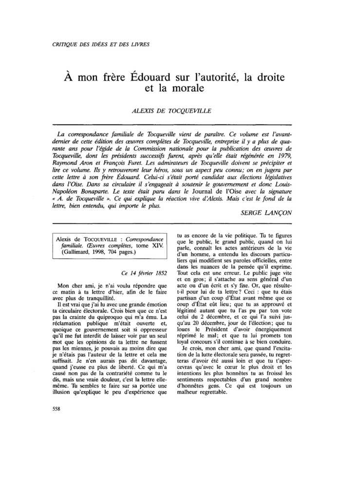 À mon frère Édouard sur l’autorité, la droite et la morale
 – page 1