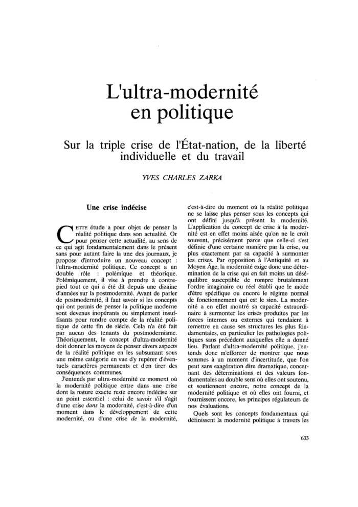 L’ultra-modernité en politique. Sur la triple crise de l’État-nation, de la liberté individuelle et du travail
 – page 1