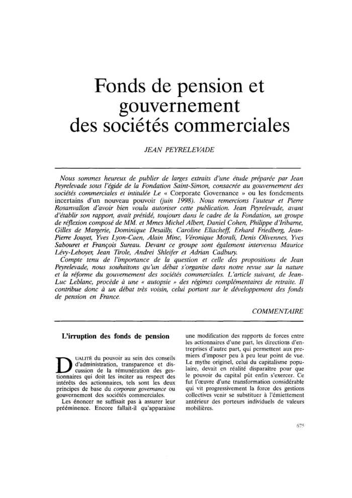 Fonds de pension et gouvernement des sociétés commerciales
 – page 1