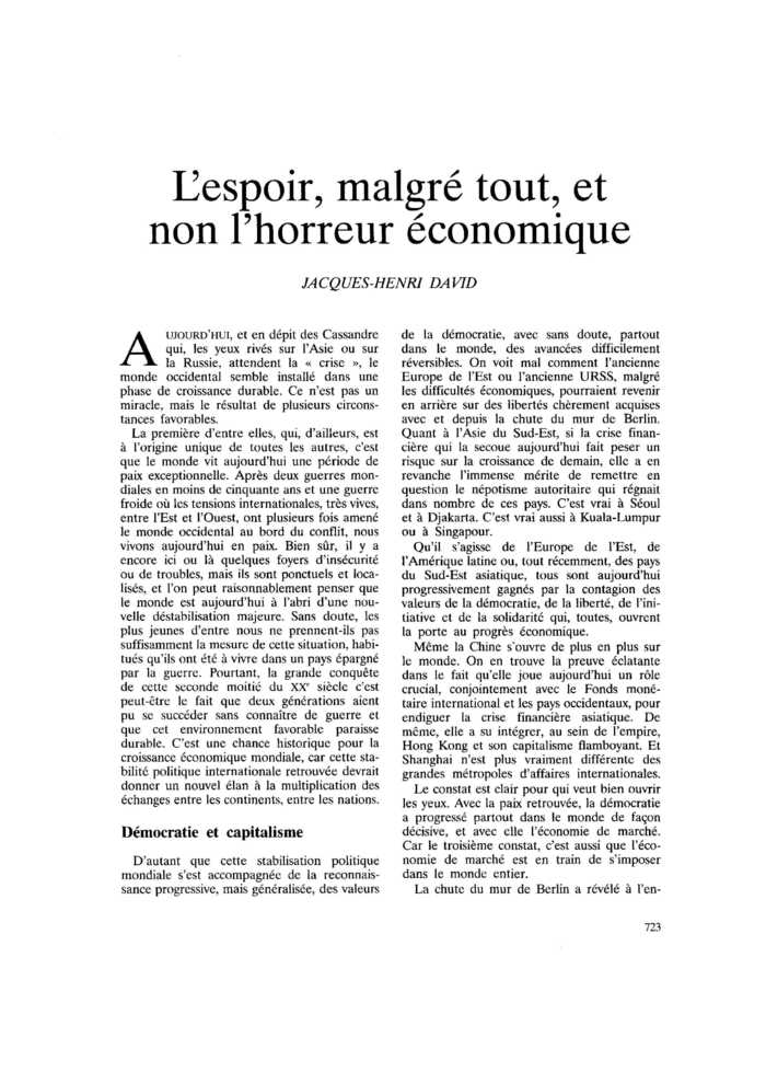 L’espoir, malgré tout, et non l’horreur économique
 – page 1