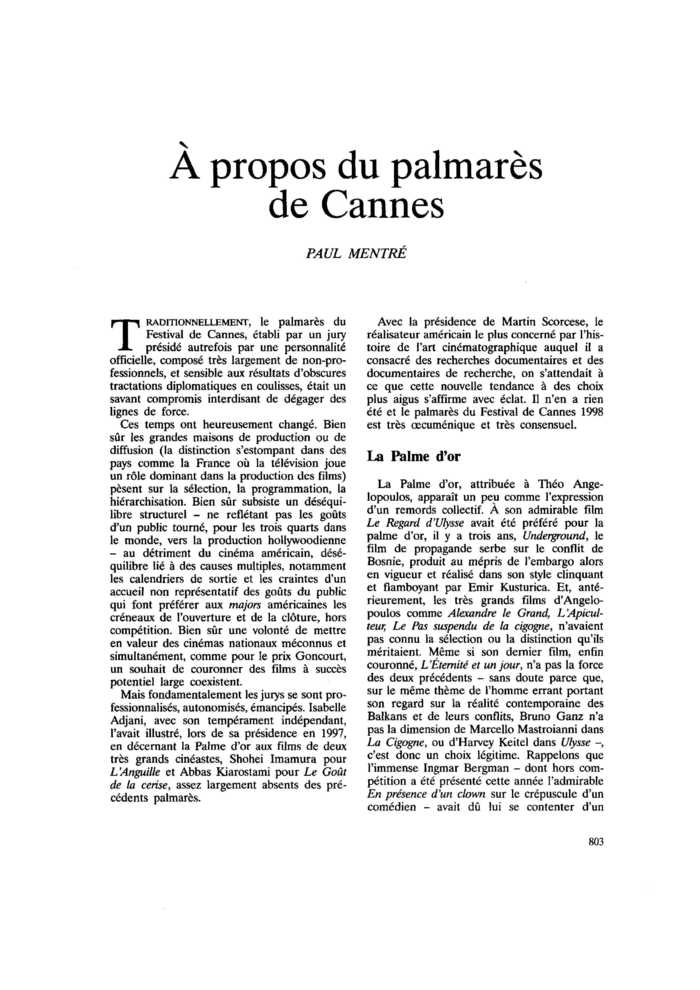 À propos du palmarès de Cannes
 – page 1