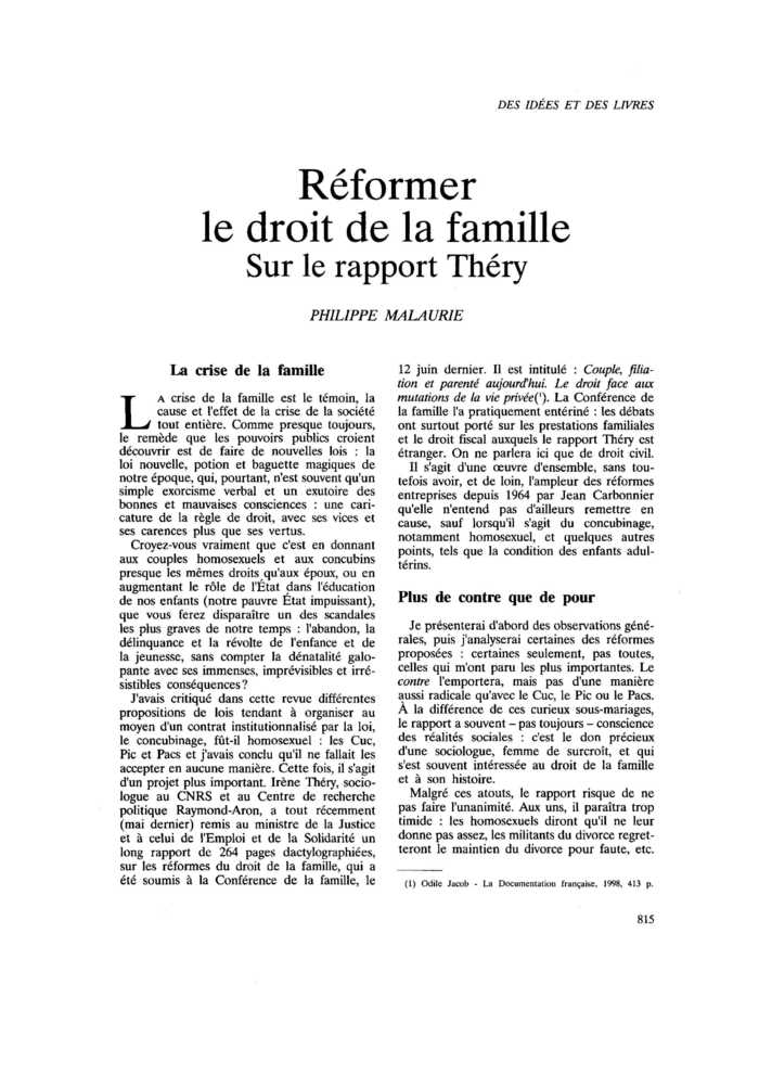 Réformer le droit de la famille. Sur le rapport Théry
 – page 1