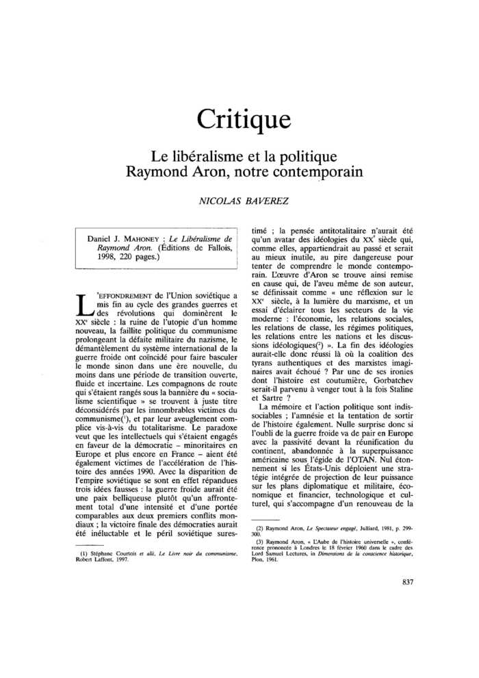 Le libéralisme et la politique. Raymond Aron, notre contemporain
 – page 1