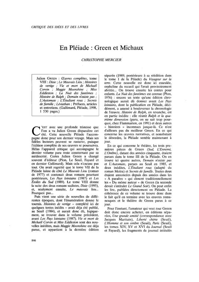 En Pléiade : Green et Michaux
 – page 1
