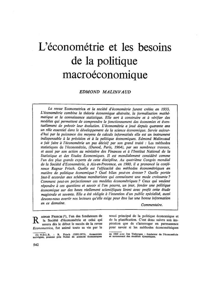 L’économétrie et les besoins de la politique macroéconomique
 – page 1