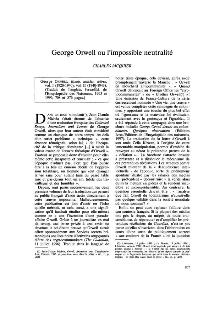 George Orwell ou l’impossible neutralité
 – page 1